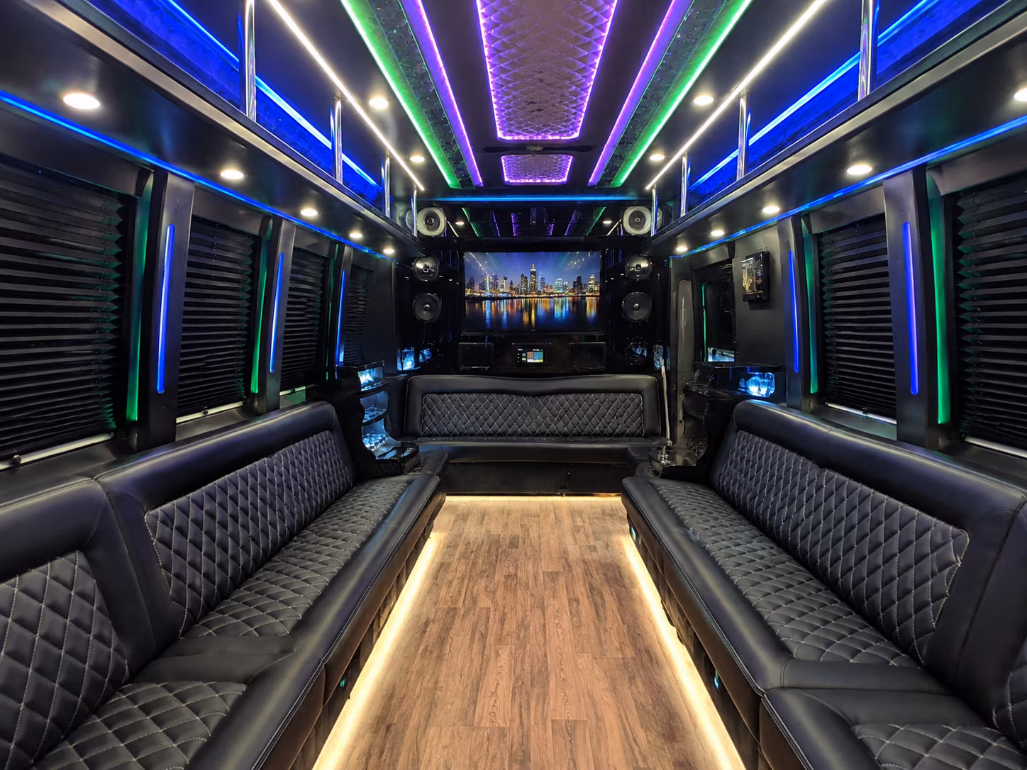 Passenger watching the Houston scenery during a regional party bus road trip