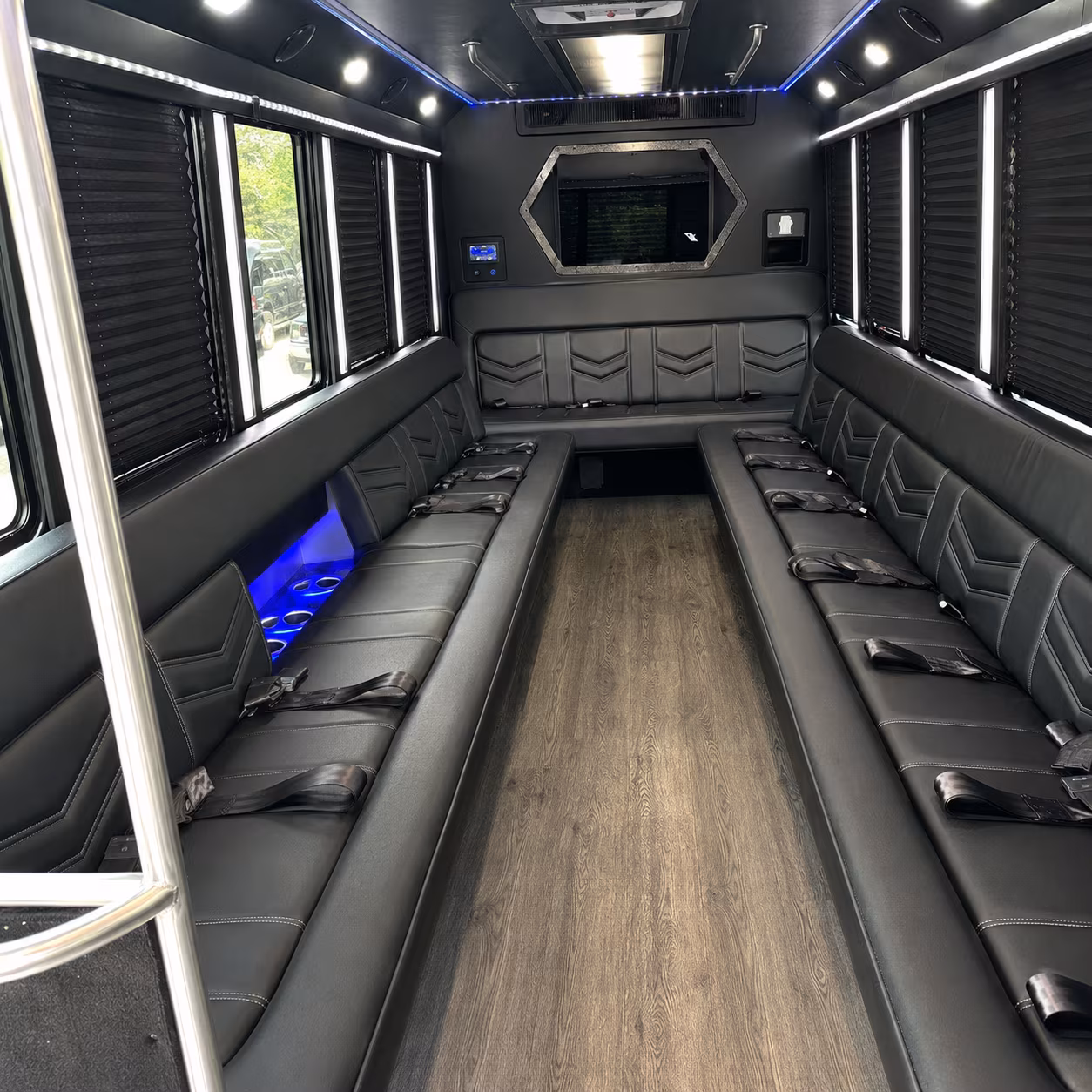 Interior of a party bus rental serving Houston